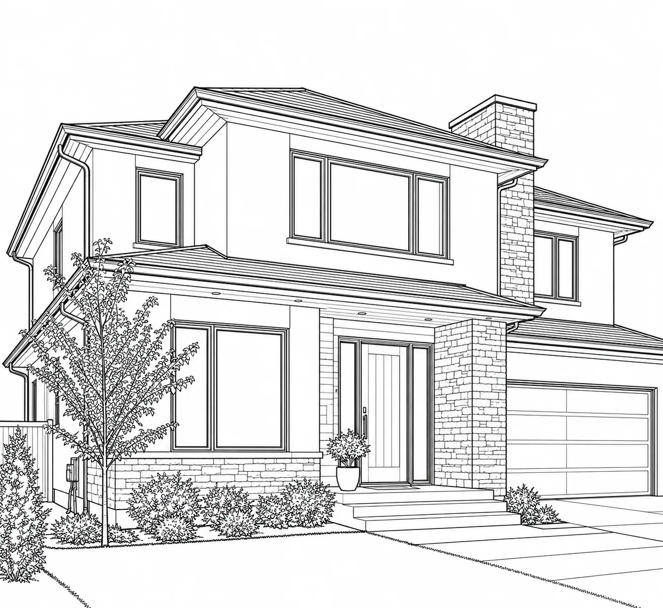 Architectural line drawing preserving the house structure and perspective