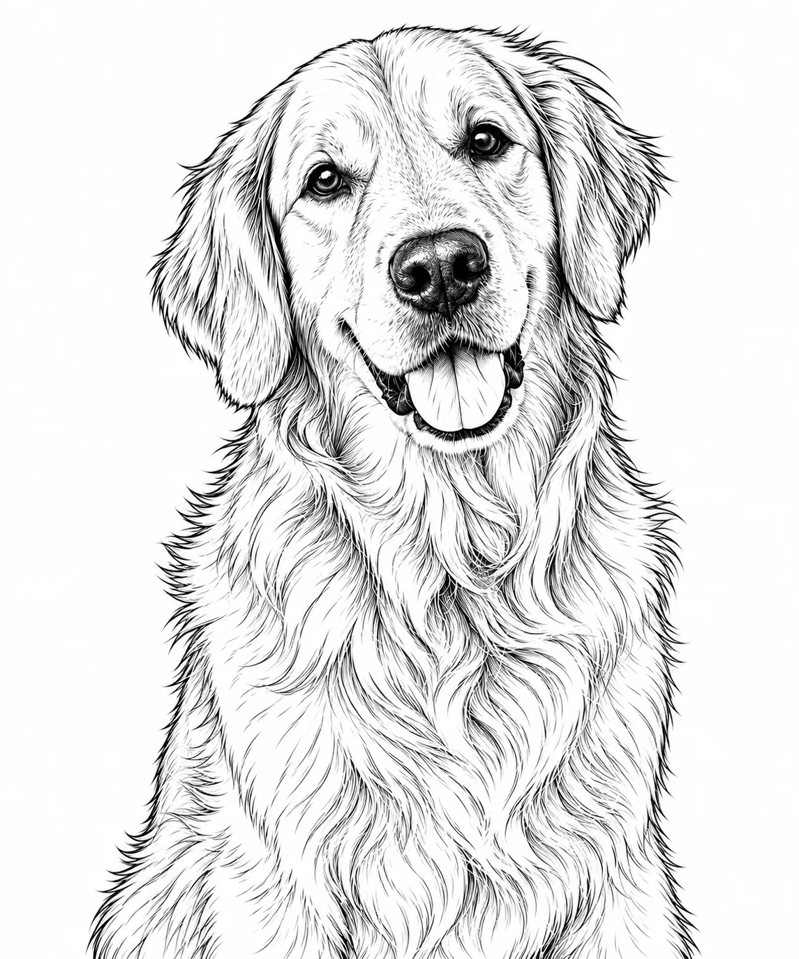 Detailed line drawing of the golden retriever and its fur