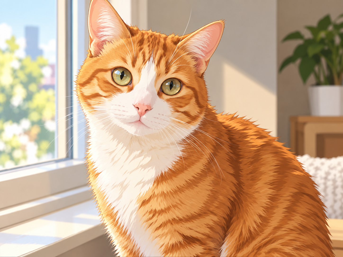 Anime version of the orange and white cat by a window