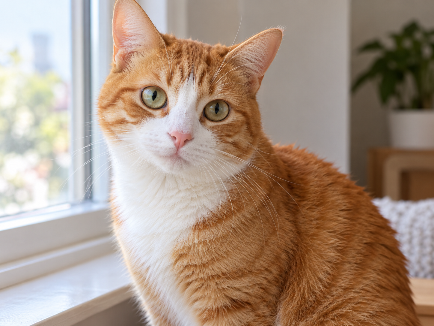 Original photo of an orange and white cat by a window