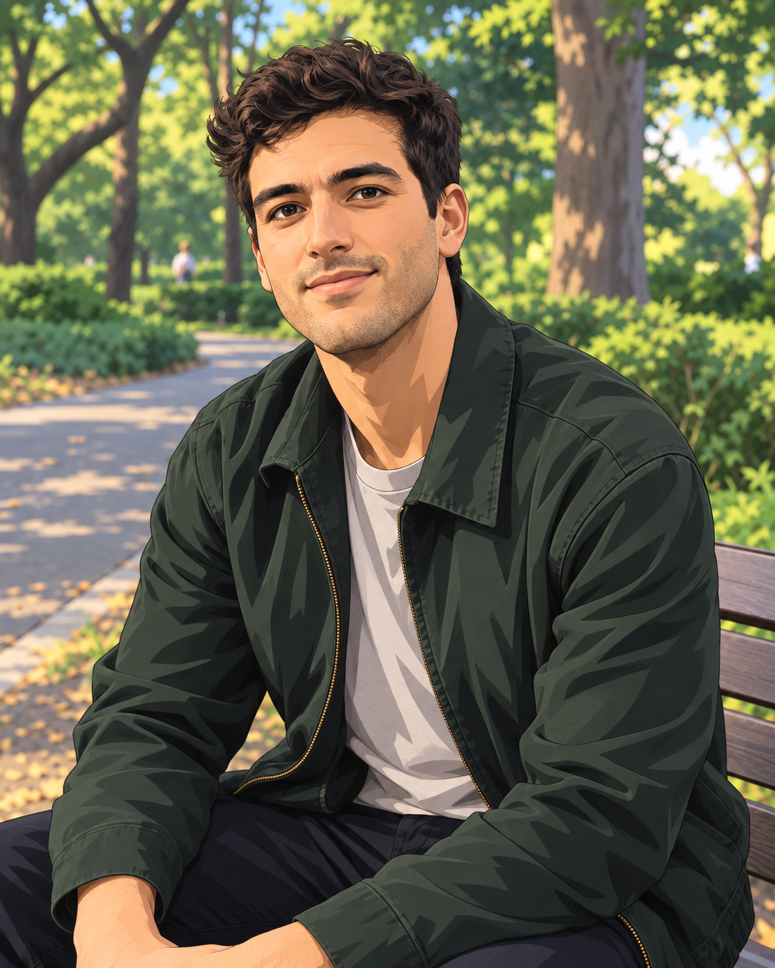 Anime version of the same man sitting in a park