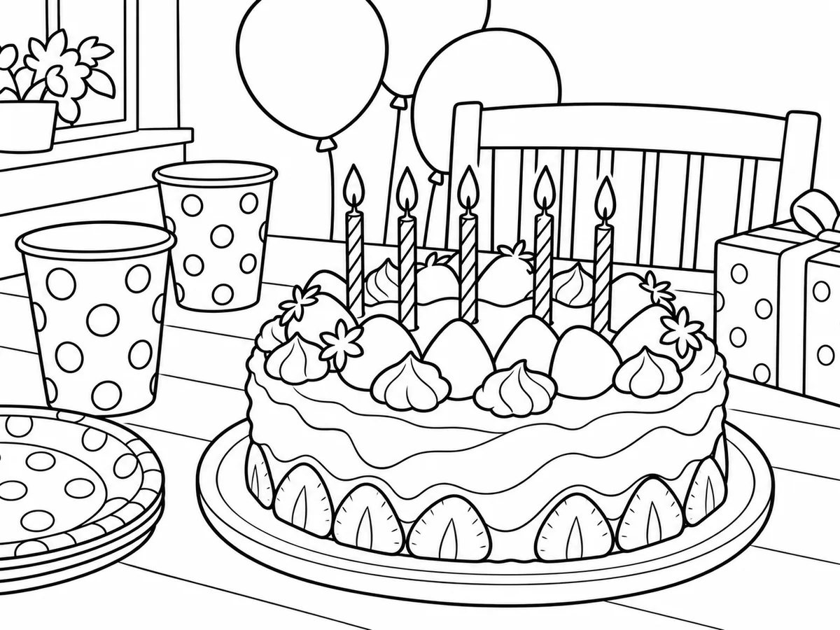 Coloring page of the strawberry birthday cake and party table