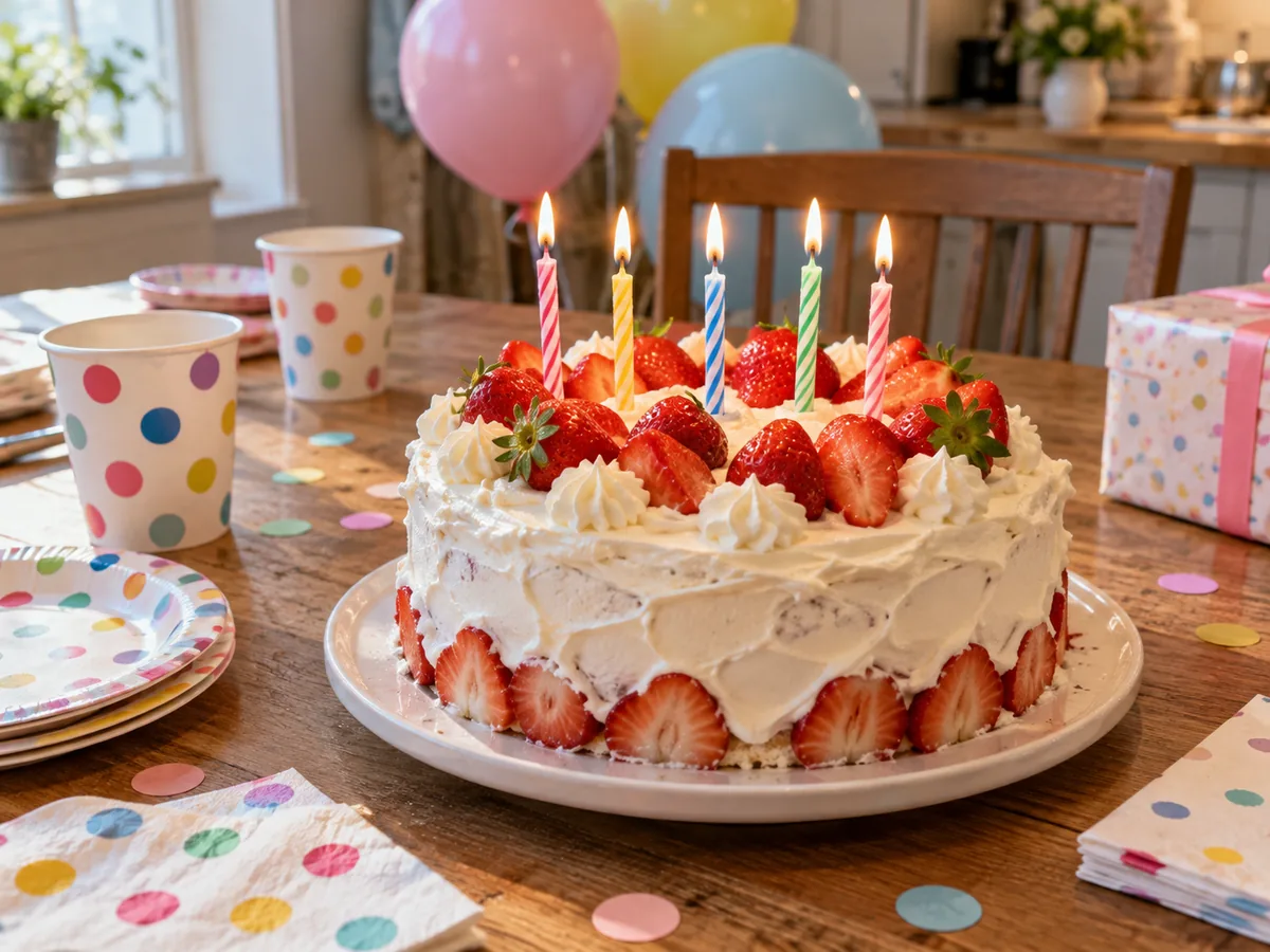 Strawberry birthday cake with five candles on a party table