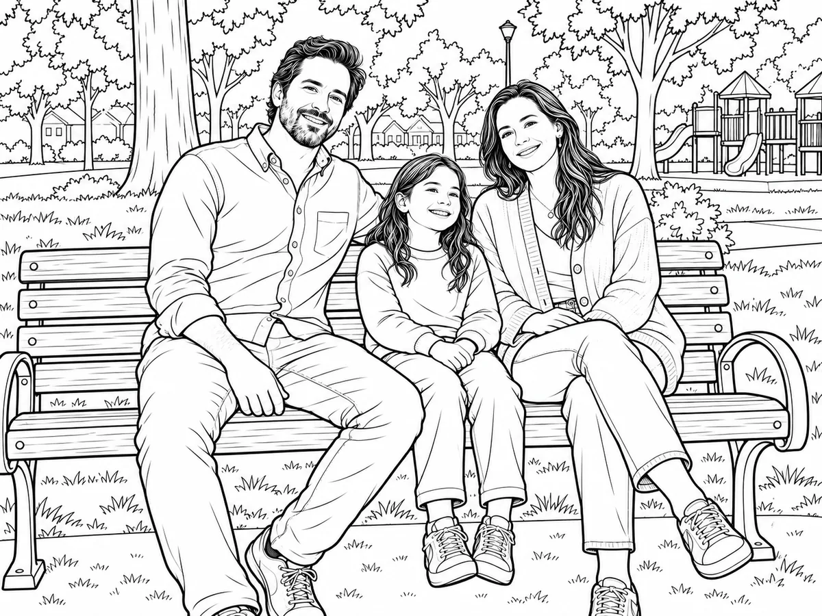 Coloring page of the family seated on the park bench
