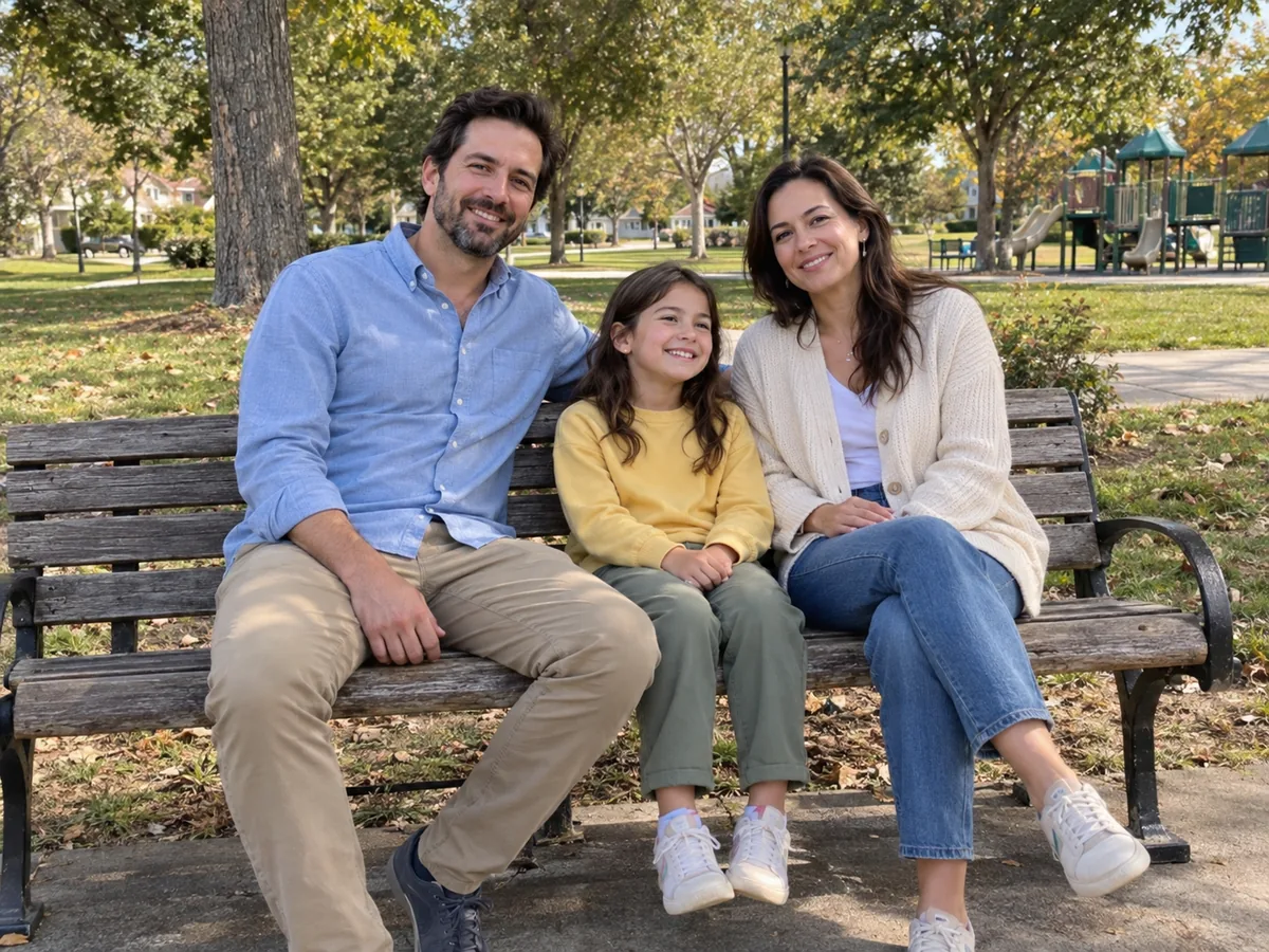 Family of three seated on a park bench