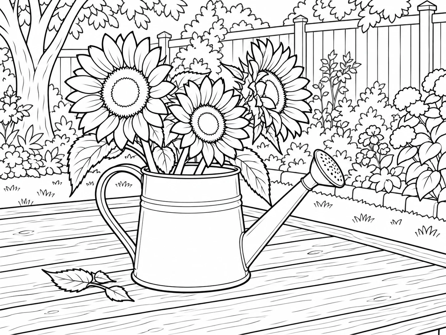 Classic black and white coloring page of the sunflowers and watering can