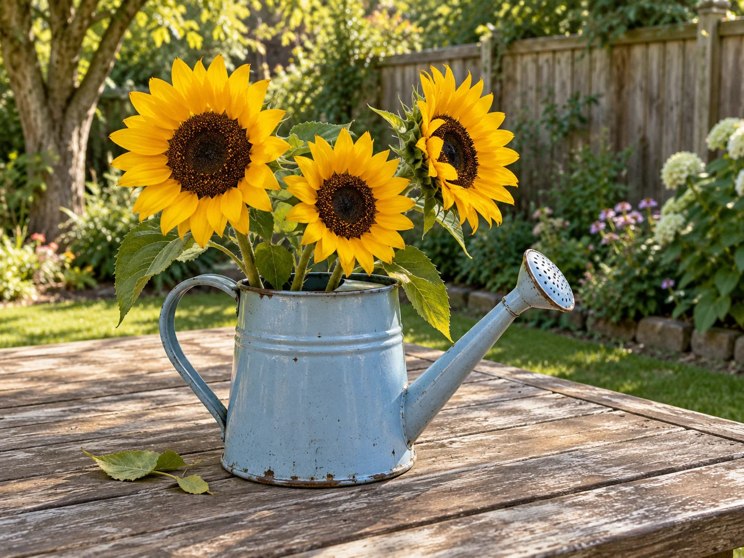 Three yellow sunflowers in a light blue watering can on a wooden garden table