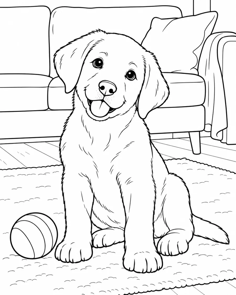 Coloring page of the golden retriever puppy by a ball