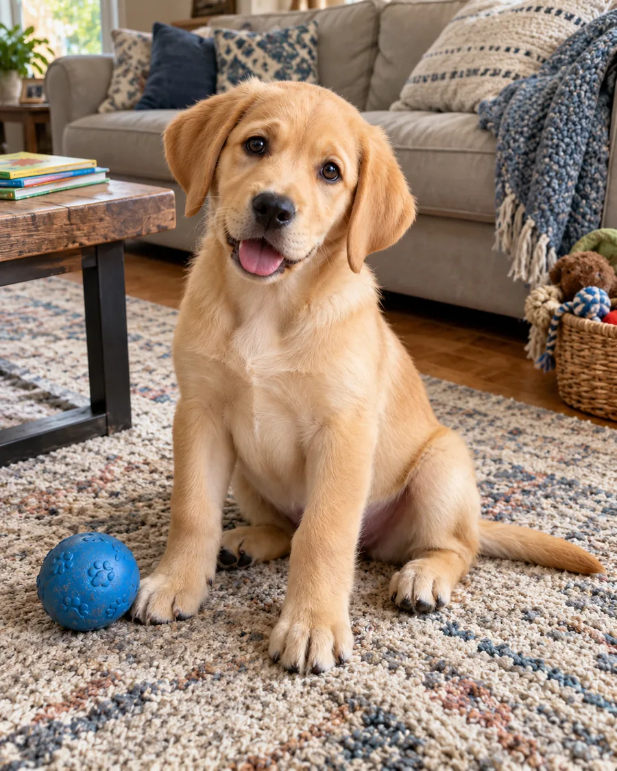 Golden retriever puppy sitting by a blue ball at home