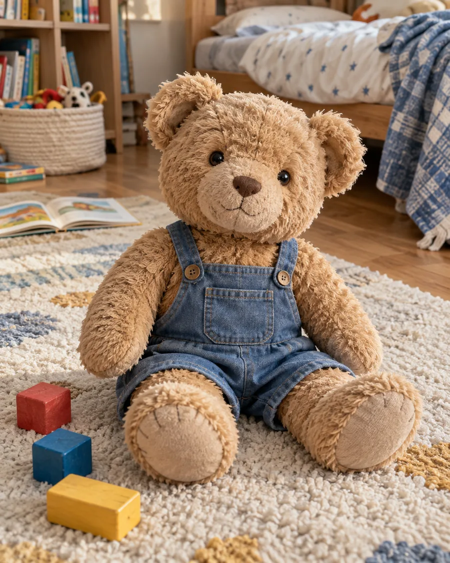 Teddy bear in denim overalls sitting with blocks