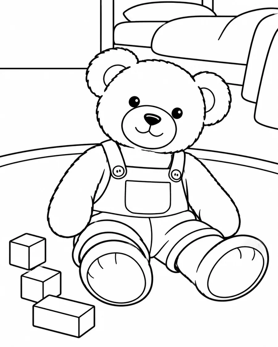 Easy coloring page of the teddy bear and blocks